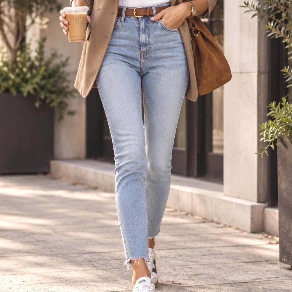 Mother High Waisted Looker Ankle Fray Jeans Au Revoir Light Wash Size 25 skinny